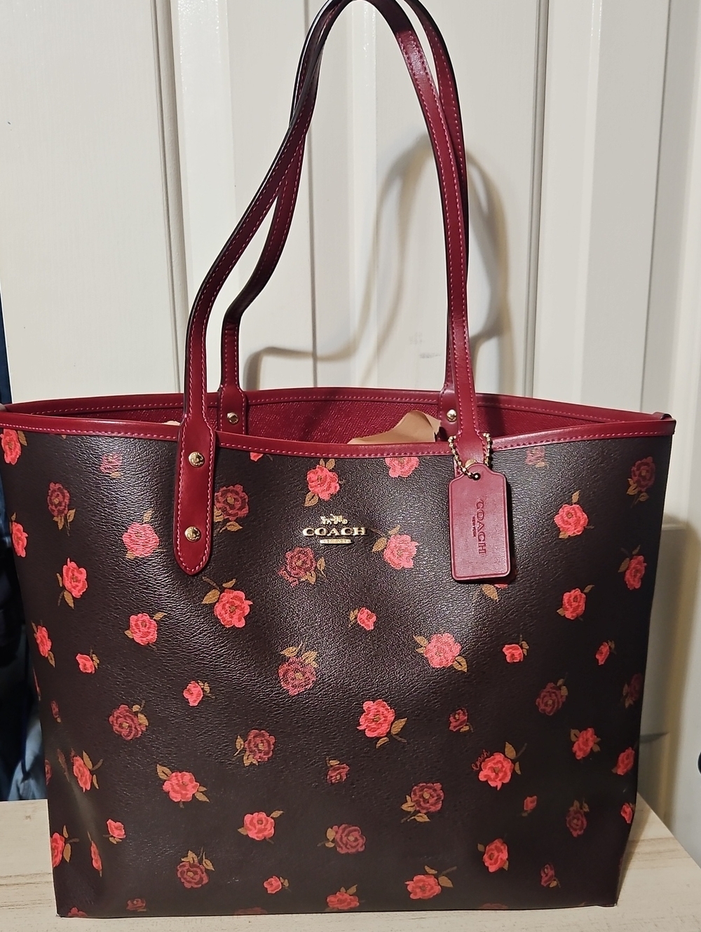 Coach EUC City Tote Floral Brown with Red Trim, Reversible